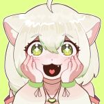  1girl :3 :d ahoge animal_ears bare_shoulders blush braid commentary fang ferret_ears ferret_girl food food-themed_necklace fruit gradient_hair green_background green_eyes green_hair hair_between_eyes hands_on_own_face hands_up heart heart_in_mouth highres jacket laimu_(vtuber) lime_(fruit) lime_necklace lime_slice long_sleeves looking_at_viewer multicolored_hair off_shoulder open_mouth sh4 simple_background smile solo straight-on upper_body vinesauce virtual_youtuber white_hair white_jacket 