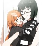  2girls agata120 black-framed_eyewear black_eyes black_hair blunt_bangs breasts closed_eyes closed_mouth glasses highres holding holding_photo isshiki_wakaba layered_sleeves long_hair long_sleeves mother_and_daughter multiple_girls open_mouth orange_hair persona persona_5 photo_(object) sakura_futaba shirt simple_background sleeveless sleeveless_shirt striped_clothes striped_shirt white_background 