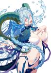  1girl absurdres aqua_hair black_shirt black_thighhighs braid breasts choker cleavage cropped_shirt curled_horns erchongbaojun fate/grand_order fate_(series) hair_between_eyes highres horns jewelry large_breasts larva_tiamat_(fate) larva_tiamat_(third_ascension)_(fate) long_hair looking_at_viewer navel open_mouth pendant pink_eyes pointy_ears shirt shrug_(clothing) sidelocks smile stomach_tattoo striped_clothes striped_sleeves symbol-shaped_pupils tail tattoo thighhighs tiamat_(fate) very_long_hair water 