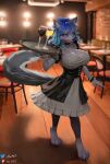 anthro beverage big_breasts blue_eyes blue_hair breasts canid canine canis clothed clothing dress female hair hi_res mammal nx147 solo tail tray wolf