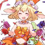  1girl alonemistrist animal_ears annelie_(dragalia_lost) bare_shoulders blonde_hair closed_eyes crop_top dragalia_lost facial_mark facing_viewer flower gloves midriff navel open_mouth petals rabbit_ears short_hair solo upper_body white_background white_gloves 
