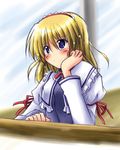  alice_margatroid blonde_hair blue_eyes blush capelet exe_(xe) hairband head_rest juliet_sleeves long_sleeves puffy_sleeves red_ribbon ribbon short_hair solo source_request touhou upper_body 