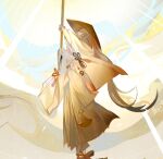  1boy brown_hat full_body hakama hat holding japanese_clothes kimono long_hair long_sleeves male_focus nayannayan original rice_hat sandals skirt solo standing very_long_hair wide_sleeves 
