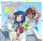  3girls :o ;d armpits blue_background blue_bow blue_bowtie blue_eyes blue_hair bow bowtie breasts brown_hair dark-skinned_female dark_blue_hair dark_skin double-parted_bangs dress_shirt food-themed_hair_ornament furrowed_brow gradient_background green_bow green_bowtie grey_skirt grin hair_between_eyes hair_ornament hair_over_one_eye half-closed_eyes highres imigimuru key_visual komari_chika lemon_hair_ornament make_heroine_ga_oo_sugiru! medium_breasts multiple_girls official_art one_eye_closed one_eye_covered open_mouth pleated_skirt promotional_art purple_eyes red_bow red_bowtie red_hair school_uniform shirt sidelocks skirt smile sweat swept_bangs thick_eyebrows v white_shirt yakishio_remon yanami_anna yellow_bow yellow_bowtie yellow_eyes 