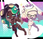  2girls aqua_bikini barefoot bikini breasts cephalopod_eyes dark-skinned_female dark_skin flat_chest front-tie_bikini_top front-tie_top green_eyes grin large_breasts looking_at_viewer marina_(splatoon) mole mole_under_mouth multiple_girls navel nollety octoling open_mouth pearl_(splatoon) pink_bikini side-tie_bikini_bottom smile splatoon_(series) splatoon_2 standing swimsuit tentacle_hair yellow_eyes 