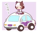  animal_ears asymmetrical_footwear blush_stickers bow brown_footwear brown_hair car chibi ear_bow gomashio_(goma_feet) horse_ears horse_girl horse_tail jacket mismatched_footwear motor_vehicle multicolored_hair on_vehicle open_clothes open_jacket pink_background puffy_short_sleeves puffy_sleeves purple_bow purple_shirt shirt shoes short_sleeves sitting skirt socks special_week_(umamusume) tail translation_request two-tone_background two-tone_hair umamusume vehicle_request white_background white_footwear white_hair white_jacket white_skirt white_socks |_| 