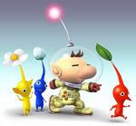  1boy alien antenna blue_pikmin brown_hair captain_olimar creature gradient gradient_background helmet lowres official_art olimar pikmin pikmin_(creature) pointing pointy_ears red_pikmin simple_background spacesuit super_smash_bros. yellow_pikmin 