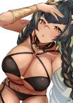  1girl absurdres ass_visible_through_thighs bikini black_bikini black_hair braid breasts dark-skinned_female dark_skin gollizo granblue_fantasy green_hair hair_ornament highres horus_(granblue_fantasy) large_breasts long_hair multicolored_hair solo stomach_tattoo swimsuit tattoo thighs very_long_hair yellow_eyes 