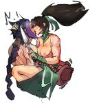 ! 1boy 1girl ^^^ akali arm_tattoo bandaged_arm bandages black_hair blush braid breasts brown_bag choker cloud_tattoo dagger gloves green_choker green_sash half-closed_eyes holding holding_dagger holding_knife holding_weapon implied_sex kayn_(league_of_legends) kiss knife kunai league_of_legends medium_hair multicolored_hair muscular muscular_female muscular_male nipples non-web_source partially_fingerless_gloves ponytail sash simple_background single_braid sketch small_breasts source_request tattoo weapon white_background 