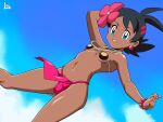  1boy alternate_costume antenna_hair bikini black_hair blue_eyes bracelet bulge clenched_teeth commentary crossdressing dark-skinned_male dark_skin day earrings eyelashes flipped_hair flower goh_(pokemon) hair_flower hair_ornament highres jewelry looking_down male_focus navel outdoors pepipopo pink_flower pokemon pokemon_(anime) pokemon_journeys sky solo swimsuit teeth 