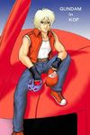  akaisuisei char_aznable cosplay fatal_fury gundam hat king_of_fighters lowres mask mobile_suit_gundam parody sitting snk terry_bogard terry_bogard_(cosplay) 