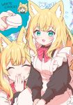  ^_^ animal_ear_fluff animal_ears apron black_dress blonde_hair bow bowtie chocolate closed_eyes colored_inner_hair dress fangs fingernails fox_ears fox_girl fuwafuwa-chan_(kamiyoshi_rika) green_eyes hand_to_own_mouth heart highres kamiyoshi_rika light_blush looking_at_viewer maid maid_apron multicolored_hair open_mouth original red_bow red_bowtie smile white_chocolate white_day 