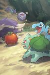  animal_focus apple arms_up bat_(animal) blue_skin bright_pupils bulbasaur colored_skin commentary_request crocodilian fang food forest fruit green_skin hakkentai_pokedan highres koffing nature no_humans open_mouth outdoors pokemon pokemon_(creature) pokemon_mystery_dungeon pokemon_mystery_dungeon:_explorers_of_time/darkness/sky red_eyes sharp_teeth skuntank teeth totodile v-shaped_eyebrows white_pupils wings zubat 