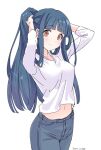 1girl adjusting_hair arms_up blue_hair blue_pants breasts brown_eyes commentary_request damokan66 dated denim idolmaster idolmaster_million_live! idolmaster_million_live!_theater_days jeans kitakami_reika light_blush long_hair long_sleeves looking_at_viewer medium_breasts navel pants ponytail shirt sidelocks smile solo stomach white_background white_shirt 