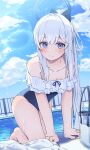  1girl absurdres bare_arms bare_legs bare_shoulders barefoot blue_archive blue_eyes blue_halo blue_one-piece_swimsuit blush breasts casual_one-piece_swimsuit cleavage closed_mouth collarbone day frilled_one-piece_swimsuit frills grey_hair halo heimu_(heim_kstr) highres long_hair looking_at_viewer miyako_(blue_archive) miyako_(swimsuit)_(blue_archive) off-shoulder_one-piece_swimsuit off_shoulder official_alternate_costume official_alternate_hairstyle one-piece_swimsuit outdoors ponytail pool small_breasts smile solo swimsuit water 