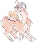  2boys aged_down animal_ears antlers arm_behind_head arms_up blonde_hair blue_hair brothers brown_fur centauroid child clive_rosfield closed_eyes deer_boy deer_ears deer_tail final_fantasy final_fantasy_xiv full_body highres hooves horns joshua_rosfield leaning_on_person male_focus monster_boy monsterification multiple_boys open_mouth short_hair siblings simple_background standing stretching tail taur very_short_hair white_background yawning yoshikawa_5sai 