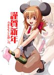  alcohol animal_costume animal_ears brown_legwear caryo champagne copyright_request high_heels mouse_costume mouse_ears new_year pantyhose shoes solo tabigarasu 