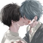  2boys black_hair blood blood_on_face blood_on_hands blush cardigan closed_eyes collared_shirt commentary_request from_side green_eyes grey_cardigan grey_hair hair_between_eyes highres kiss looking_at_another male_focus multiple_boys original profile shirt short_hair sketch swept_bangs white_background white_shirt wind_in624 yaoi 