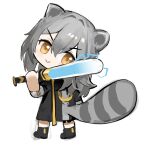  1girl :&gt; aivcv animal_ears baseball_bat black_footwear black_jacket chibi closed_mouth from_behind full_body glowing glowing_weapon grey_hair hair_between_eyes highres holding holding_baseball_bat honkai:_star_rail honkai_(series) jacket looking_back medium_hair raccoon_ears raccoon_girl raccoon_tail simple_background smile solo stelle_(honkai:_star_rail) tail trailblazer_(honkai:_star_rail) weapon white_background yellow_eyes 