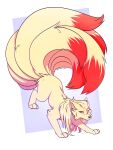 3:4 ambiguous_gender blonde_hair bloominglynx butt_tuft dipstick_tail feral fur hair hi_res leg_tuft looking_at_viewer markings multi_tail pupils red_eyes red_tail signature slit_pupils solo tail tail_markings tuft yellow_body yellow_fur yellow_tail