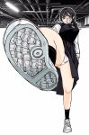  1girl black_hair black_socks chainsaw_man cross_scar from_below full_body leg_up nkmrn2k panties pantyshot ringed_eyes scar scar_on_cheek scar_on_face scar_on_nose school_uniform socks solo underwear white_footwear white_panties yoru_(chainsaw_man) 