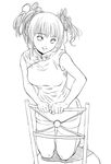  bare_shoulders bucho chair china_dress chinese_clothes copyright_request double_bun dress greyscale kneeling monochrome solo thighhighs 
