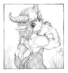  anthro back_muscles biped border bovid caprine fur goat graphite_(artwork) grass hair looking_back male mammal marudi monochrome muscular muscular_anthro muscular_male nude outside pencil_(artwork) plant rear_view solo standing tail traditional_media_(artwork) white_border 