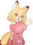  1girl animal_ear_fluff animal_ears blonde_hair dress fang fox_ears fox_girl fox_tail furry furry_female highres hikimayu hip_vent indie_virtual_youtuber looking_at_viewer multicolored_hair open_mouth owasaki pink_dress red_eyes short_sleeves simple_background solo tail vietnamese_dress virtual_youtuber waving white_background white_hair 