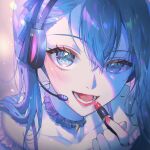  1girl absurdres blue_eyes blue_hair blush choker eyelashes fingernails hair_between_eyes hair_ornament hatsune_miku headphones highres holding kinakomocci518 lips long_hair looking_at_viewer makeup microphone nail_polish open_mouth ribbon smile solo teeth tongue twintails upper_body vocaloid 