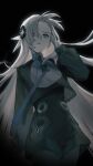  1girl black_background black_flower black_pantyhose black_romper black_shirt blue_hair blue_necktie closed_mouth commentary_request cowboy_shot expressionless floating_hair flower grey_eyes grey_hair hair_flower hair_ornament hair_over_one_eye hand_on_own_chest hand_up highres isekai_joucho kamitsubaki_studio kj_keiji long_hair long_sleeves looking_at_viewer multicolored_hair necktie pantyhose puffy_long_sleeves puffy_sleeves romper shirt simple_background solo two-tone_hair very_long_hair virtual_youtuber 