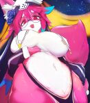 :&lt; absurd_res anthro anthrofied armwear big_breasts big_tail biped blue_hair blue_nose blue_rose breasts canid canine clothing eyewear female flower fox glasses hair half-closed_eyes hi_res inner_ear_fluff kemono liveruli looking_at_viewer mammal menyang multicolored_body multicolored_face multicolored_hair narrowed_eyes navel nun nun_outfit pink_body pink_ears pink_eyes pink_hair pink_tail plant rose_(flower) rosetta_(liveruli) side_boob sketch solo spiral_eyes standing tail thick_thighs tongue tongue_out tuft under_boob vtuber white_body