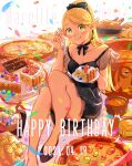  1girl anezu birthday birthday_cake black_camisole black_dress black_footwear black_ribbon blonde_hair bowl breasts cake cake_slice camisole character_name cheese chicken_(food) cleavage coin confetti dated dress dryad_fruit_(dungeon_meshi) dungeon_meshi eating elf english_text food fork frilled_camisole frills fruit green_eyes happy_birthday holding holding_fork holding_plate light_blush long_hair looking_at_viewer marcille_donato medium_breasts omelet pizza plate pointy_ears ponytail puffy_cheeks ribbon simple_background sitting smile sorbet_(food) soup strawberry swept_bangs tart_(food) treasure_bug_(dungeon_meshi) vegetable very_long_hair white_background 