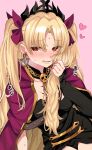  1girl absurdres black_dress blonde_hair blush breath cape commentary_request dress earrings ereshkigal_(fate) fate/grand_order fate_(series) gold_trim hair_ribbon heart heart-shaped_pupils highres jewelry long_hair looking_at_viewer parted_bangs pink_background red_cape red_eyes red_ribbon ribbon simple_background single_sleeve skull solo spine sweat symbol-shaped_pupils tanuki_(siutkm0228) tiara two_side_up very_long_hair 