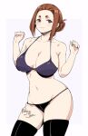  1girl artist_name bare_shoulders bikini black_bikini black_thighhighs breasts bright_pupils brown_eyes brown_hair closed_mouth collarbone commentary cowboy_shot english_commentary forehead groin hands_up kaii_to_otome_to_kamigakushi large_breasts looking_at_viewer mismatched_bikini mole mole_under_eye navel ogawa_sumireko purple_bikini relaxjon short_eyebrows signature simple_background solo swimsuit thick_eyebrows thighhighs thighs white_pupils wide_hips 