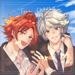  2boys arm_around_neck bishounen black_necktie blue_sky brown_hair collarbone collared_shirt english_text gami_ww grey_eyes grey_hair grin highres inazuma_eleven_(series) looking_at_viewer male_focus multiple_boys nagumo_haruya necktie open_mouth orange_eyes shirt short_hair sky smile suzuno_fuusuke white_shirt 