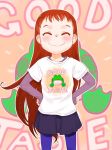  1girl blue_legwear brown_hair english_text eyes_closed female hands_on_hips hinako_(teruki_kuma) long_hair original pantyhose shirt smile solo t-shirt teruki_kuma 