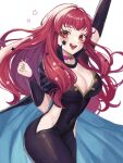  1girl :d arm_up bodysuit breasts choker cleavage commentary covered_navel cowboy_shot facial_mark fire_emblem fire_emblem_engage highres hip_vent large_breasts long_hair looking_at_viewer open_mouth pink_choker red_eyes red_hair redrawn simple_background smile solo standing star_(symbol) thighs very_long_hair white_background yunaka_(fire_emblem) zqzbq 