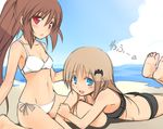  beach bikini blue_eyes brown_hair day little_busters! multiple_girls natsume_rin noumi_kudryavka outdoors red_eyes side-tie_bikini silver_hair swimsuit tatsukichi 