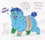 2024 ambiguous_gender baby_talk bandage bandaged_leg blue_body blue_eyebrows blue_fur blue_mane blue_tail dialogue english_text eyebrows federalchemical1728 feral fluffy_pony fluffy_pony_(species) full-length_portrait fur graphite_(artwork) green_eyes green_hooves handwritten_text hooves intralingual_translation mammal mane marker_(artwork) minor_wound missing_ear one_eye_closed open_mouth open_smile pencil_(artwork) pink_tongue portrait scratches simple_background smile snout solo tail talking_feral teeth text tongue traditional_media_(artwork) unguligrade watermark white_background wounded
