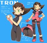  1girl ass black_hair blue_background breasts commentary_request cropped_jacket crotch_plate doll_joints dress earrings full_body gloves green_eyes hair_pulled_back hand_on_own_hip high_heels jacket jewelry joints leotard looking_at_viewer mechanization medium_hair mega_man_(series) mega_man_legends_(series) multiple_views one_eye_closed open_clothes open_jacket pantyhose pink_dress pink_footwear pink_gloves puffy_short_sleeves puffy_sleeves robot_joints shimada_fumikane short_sleeves simple_background skull_earrings small_breasts standing translation_request tron_bonne_(mega_man) 