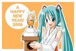  2girls aqua_hair food hatsune_miku japanese_clothes kagamine_rin long_hair miko mochi multiple_girls new_year shinjou_ryou twintails vocaloid wagashi 