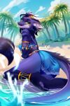 anthro aquatic_dragon beans_(disambiguation) blue_body blue_eyes blue_fur blue_hair blurred_background breast_squish breasts butt dragon feathered_dragon feathered_scalie feathers female fur gold_(metal) gold_jewelry hair hi_res horn jewelry long_tail marine markings mythological_creature mythological_scalie mythology nature nature_background palm_tree plant scalie sea slim solo solo_focus squish tail tree tribal tribal_clothing tribal_markings water whisperingstone