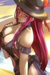  1340smile 1girl absurdres bare_shoulders black_hat breasts commentary fire_emblem fire_emblem_engage fire_emblem_heroes highres ivy_(fire_emblem) large_breasts long_hair navel official_alternate_costume one-piece_swimsuit purple_eyes purple_hair solo swimsuit upper_body very_long_hair 