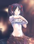  black_eyes black_hair breasts copyright_request hair_ribbon navel no_bra ribbon skirt small_breasts solo takano_kou twintails underboob undressing 