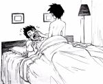  1boy 1girl bed blanket blush breasts dragon_ball dragon_ball_z greyscale lamp monochrome open_mouth pillow shirt short_hair son_gohan suzushiro_(suzushiro333) topless under_covers videl 