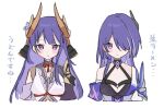  2girls acheron_(honkai:_star_rail) bandaged_arm bandages detached_sleeves fake_horns genshin_impact hair_ornament hair_over_one_eye highres honkai:_star_rail honkai_(series) horns karua0621 multicolored_hair multiple_girls purple_eyes purple_hair raiden_shogun raiden_shogun_(magatsu_mitake_narukami_no_mikoto) single_bare_shoulder streaked_hair translation_request upper_body voice_actor_connection white_background 