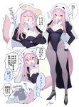  1girl animal_ears anoyo_(anoyode0) black_leotard breasts character_request cleavage clothes copyright_request cross full_body habit highres leotard nun pantyhose pink_eyes pink_hair tail translation_request 