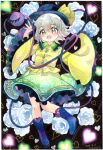  1girl black_hat blue_footwear blush collared_shirt dated eyelashes green_eyes green_skirt grey_hair hat hat_ribbon highres komeiji_koishi mosho open_mouth ribbon shirt short_hair signature skirt solo touhou traditional_media wide_sleeves yellow_ribbon yellow_shirt 