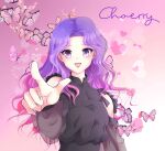  1girl black_shirt bug butterfly character_name choerry english_commentary gradient_background heart highres k-pop long_hair loona_(group) makeup mascara open_mouth pink_background pointing pointing_at_viewer purple_eyes purple_hair real_life ruru_creations shirt smile solo upper_body wavy_hair 