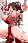  1girl arm_guards armpits ass bare_shoulders breasts brown_eyes brown_hair chiba_shuusaku cleavage covered_nipples fatal_fury folded_fan folding_fan hand_fan high_ponytail holding holding_fan japanese_clothes large_breasts long_hair looking_at_viewer ninja pelvic_curtain ponytail pubic_hair pubic_hair_peek revealing_clothes rope shiranui_mai sideboob snk solo the_king_of_fighters thighs 